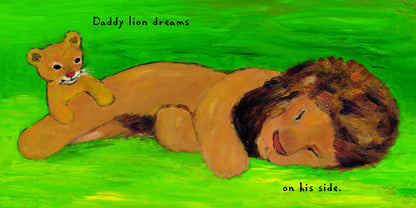 inside view with illustrations of daddy lion and cub lying in the grass