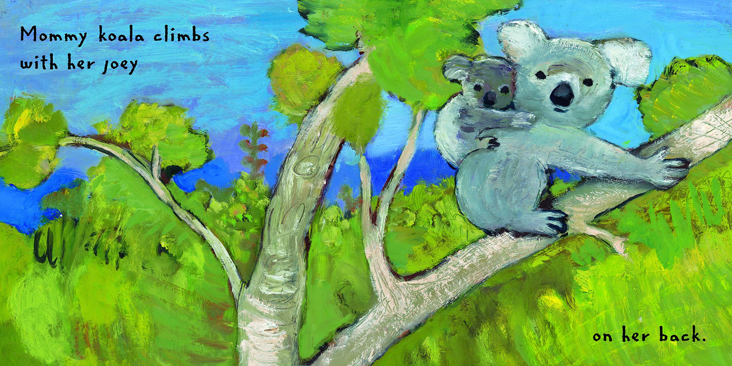 open book showing page with graphic of koala and baby in a tree.
