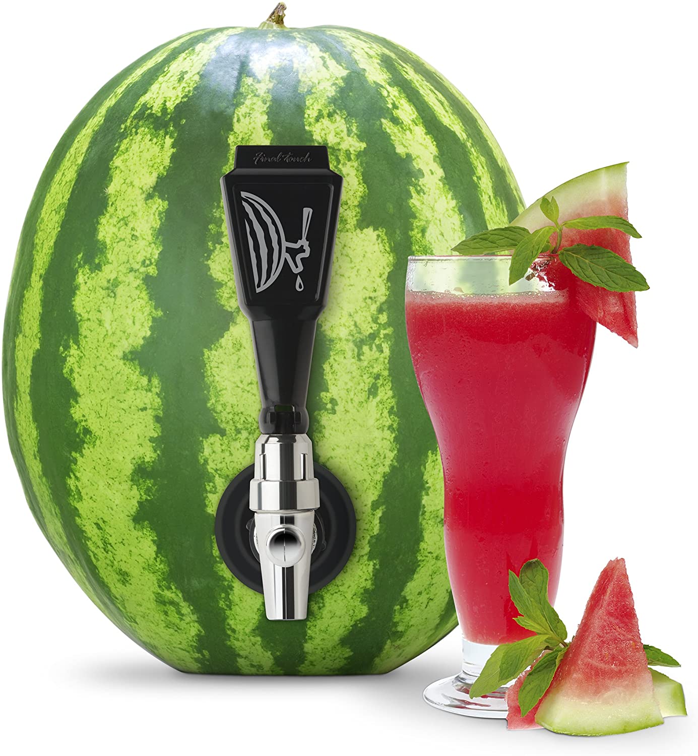 the watermelon keg tapping kit illustrated in a watermelon with a glass filled on a white background
