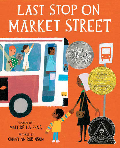 front cover of book is orange with drawing of a bus with people and a woman a child waiting to get on, title, authors name, and illustrators name