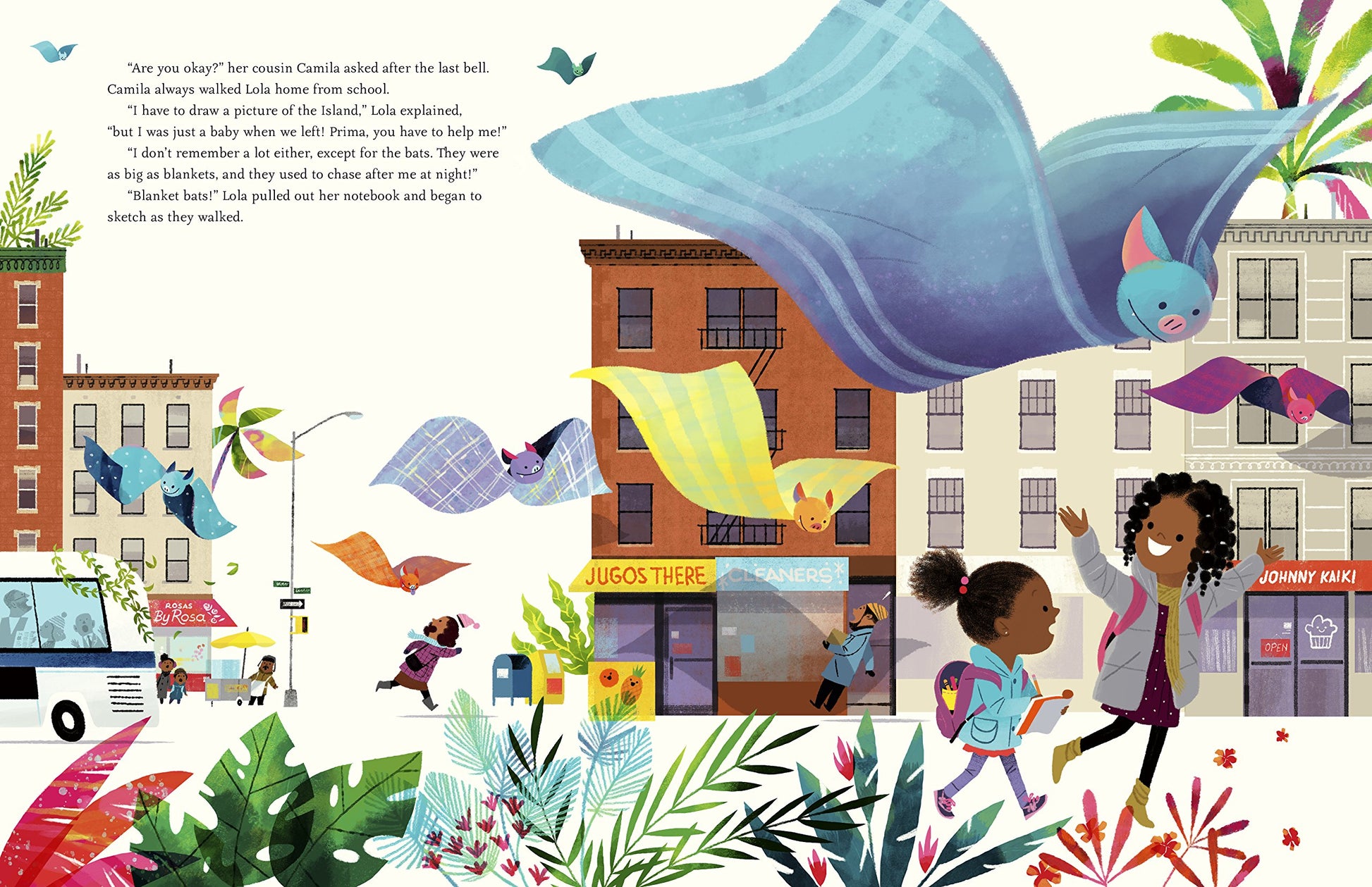 a page with illustration of a young girl walking in the city with her cousin with flying blanket bats and text