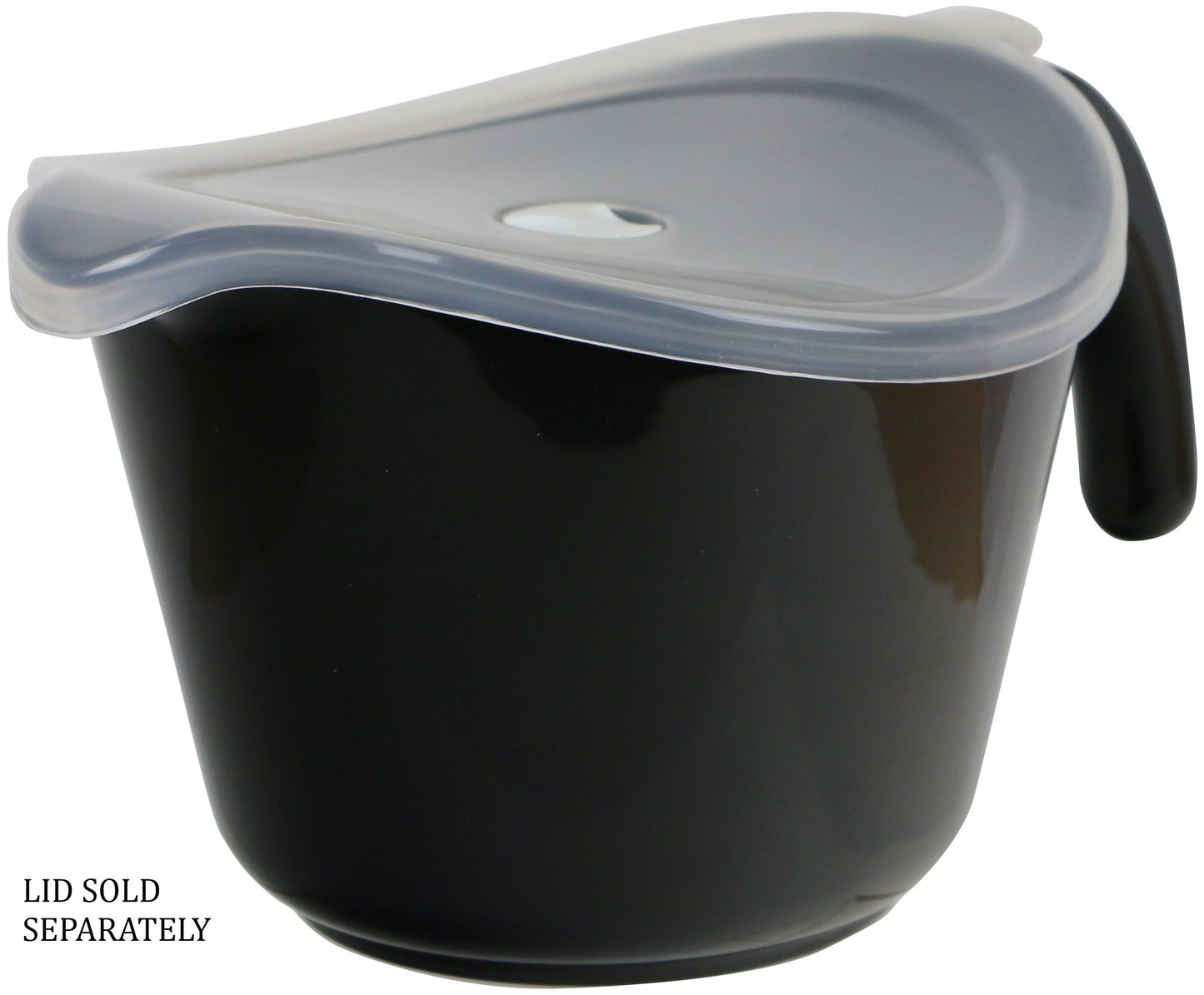 black batter bowl with lid on white background.