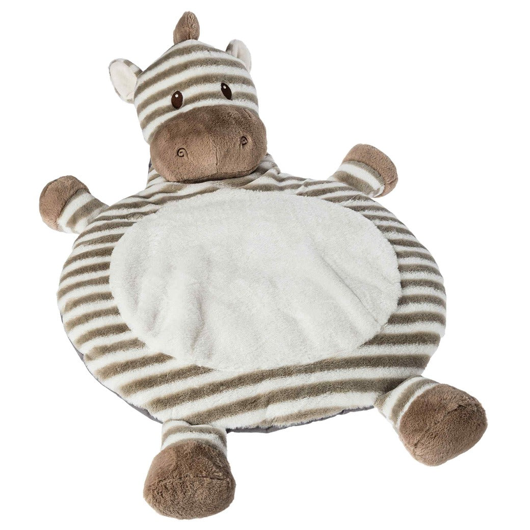 round plush mat with brown and white stripes, a zebra head, small arms, and legs on a white background.