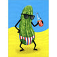 front of card is a drawing of a pickle wearing a bathing suit on the beach with a beer bottle