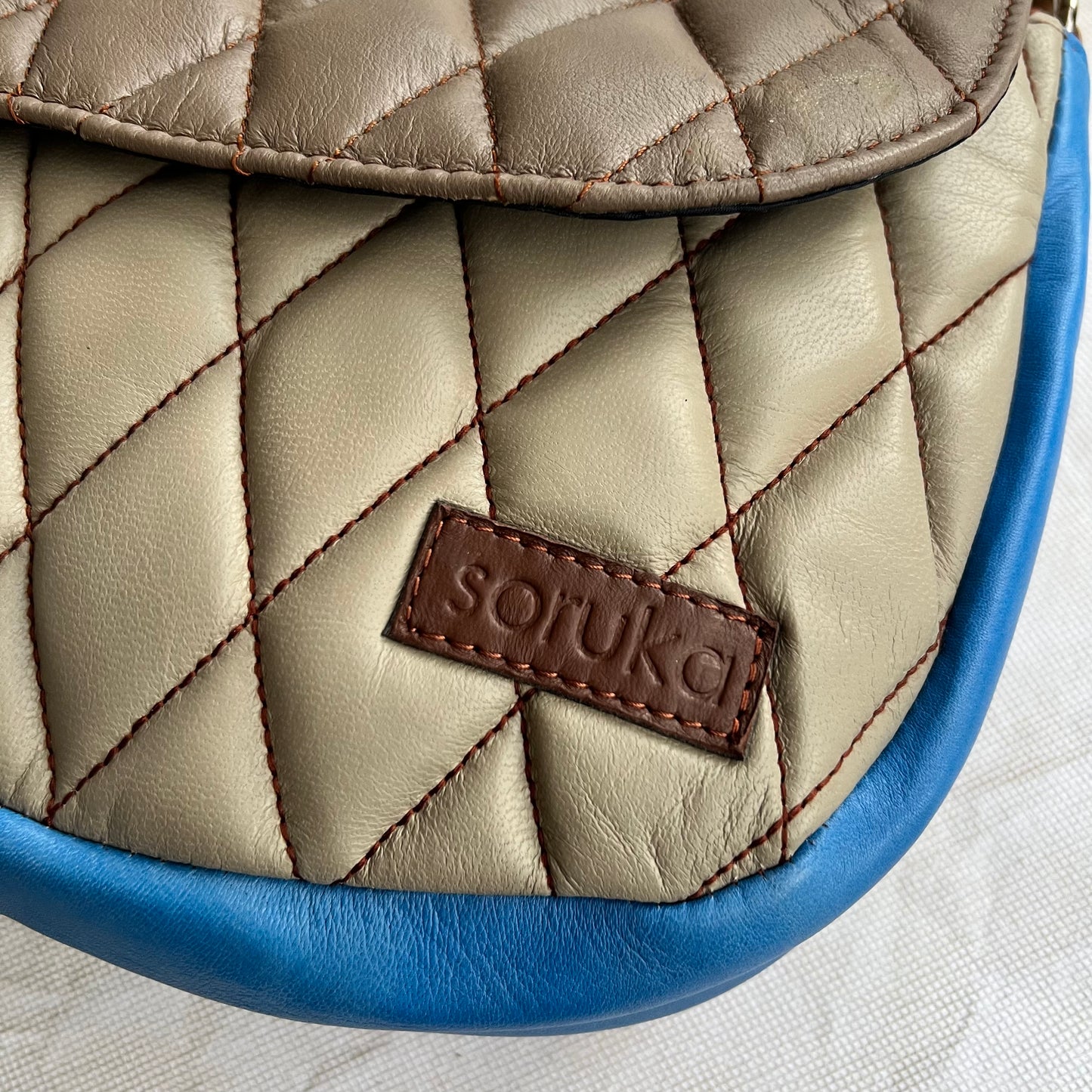 close-up of corner of bag with "soruka" logo patch.