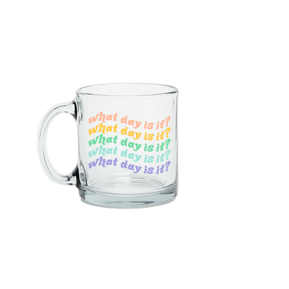 what day is it glass mug on white background.