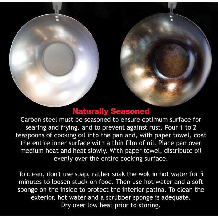 illustration of how to naturally season the carbon steel wok on a black background