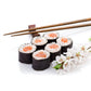 a pair of silk wrapped chopsticks displayed next to sushi rolls and flowers on a white background