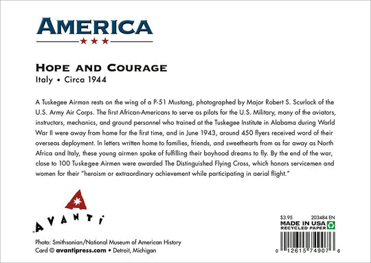back of card gives some historical context to the pilot sitting on the wing of a airplane