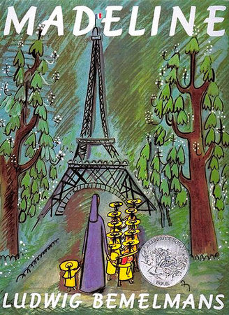 front cover of book has drawing of little girls in yellow walking in a paris park, title, authors name