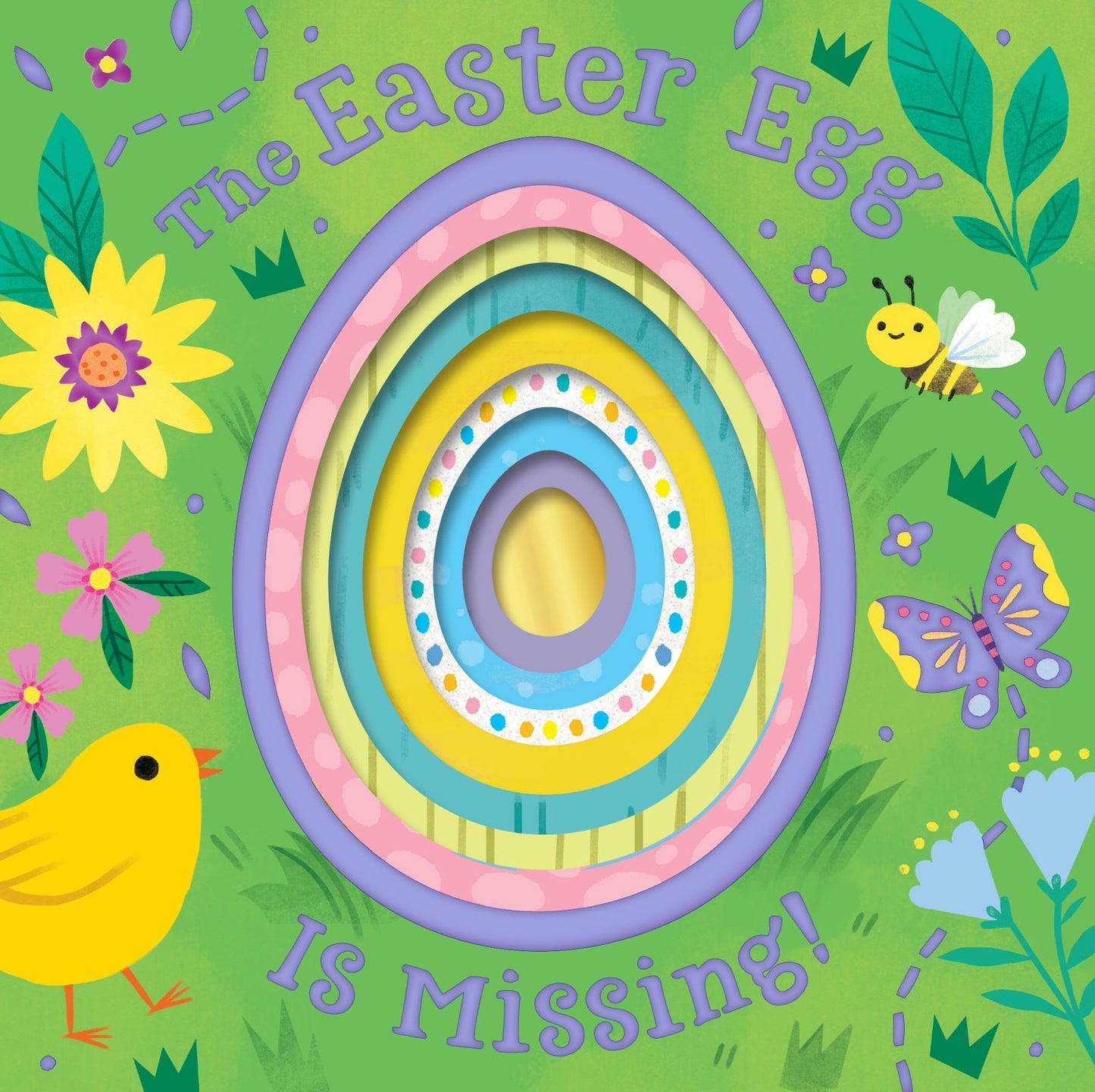 front cover of book with a multi colored egg in the grass surrounded by flowers, butterflies, bee, chick, title