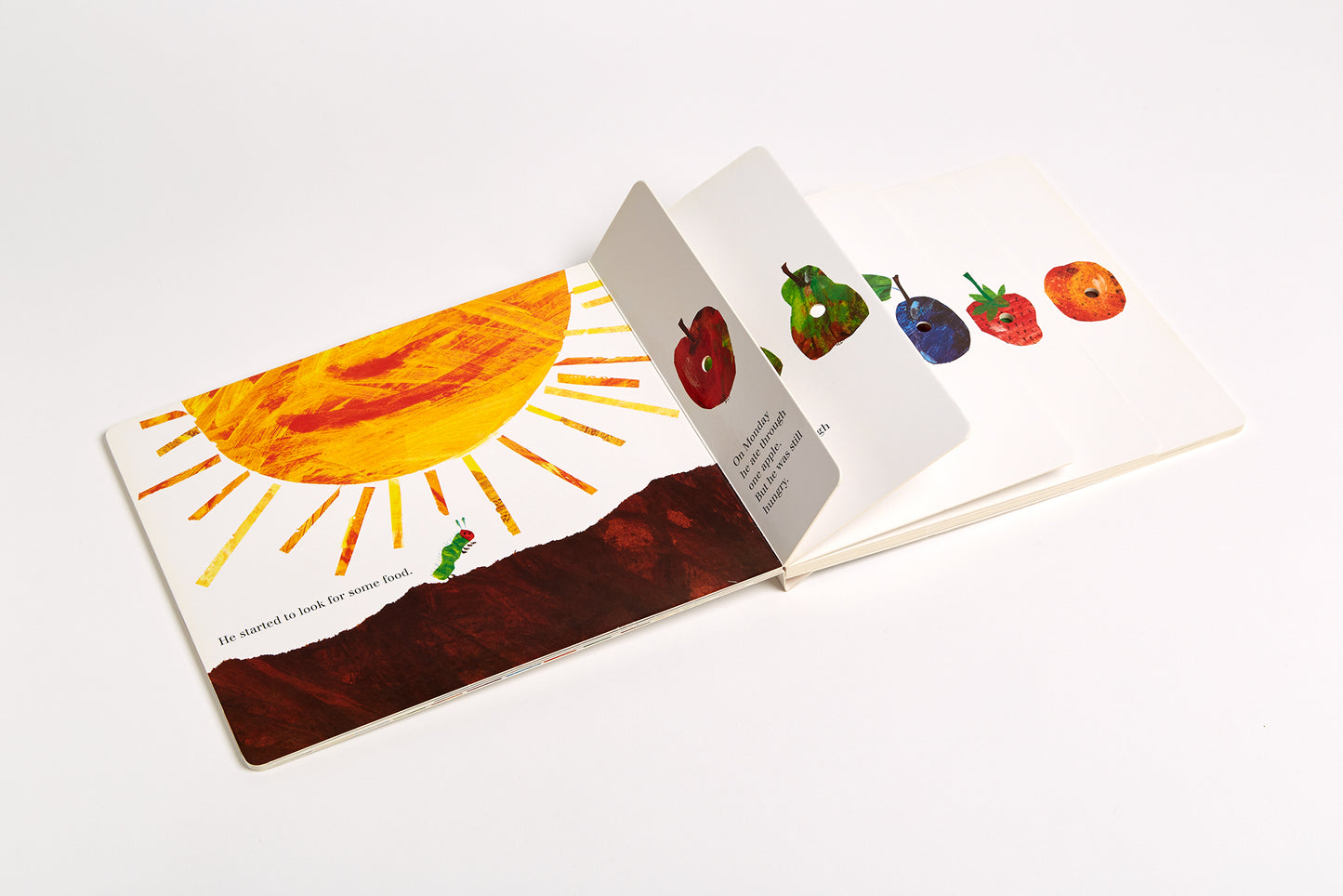 inside view of book with a caterpillar in the sun and multiple fruits on the other page