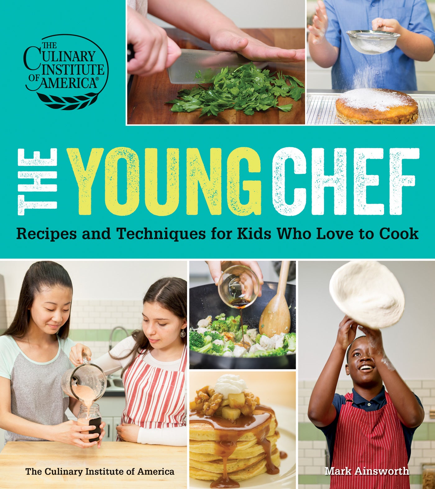 cover of book is blue and has pictures of teens cooking, prepared food, title, and authors name