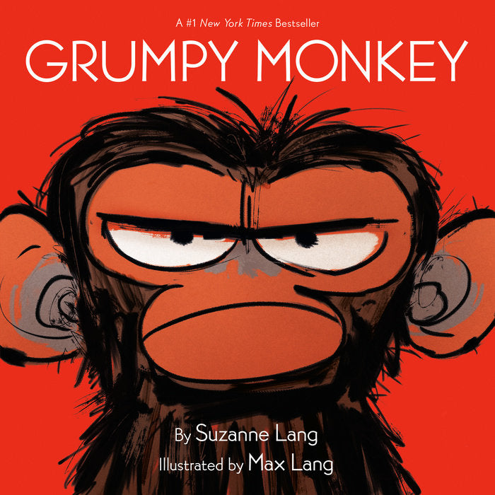 book cover has a drawing of a grumpy faced monkey on a red background
