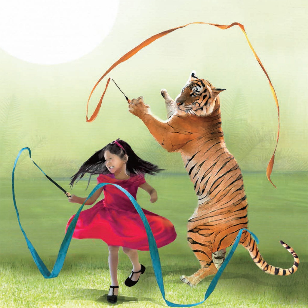 first set of pages has a girl and a tiger spinning around with ribboned batons