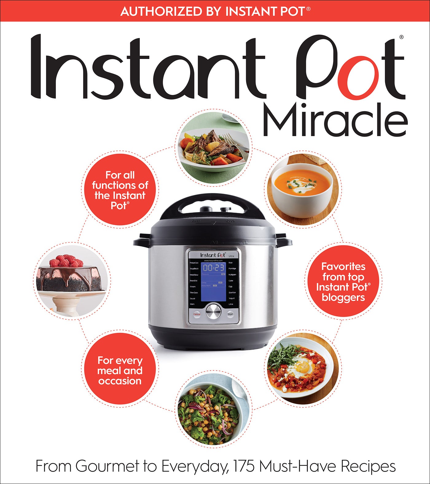 front cover of book with a instant pot, pictures of dishes, and title