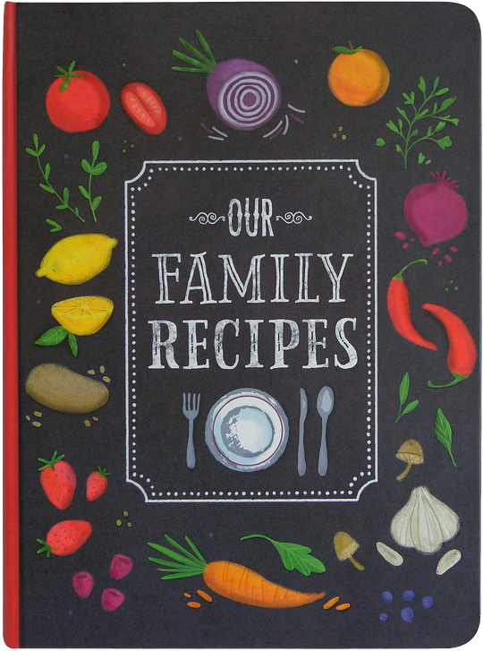 front cover of the our family recipe book is black with illustrations of fruits and vegetable scattered around, and title in white