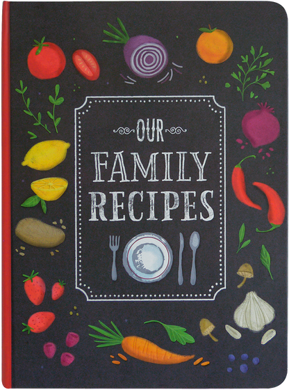 front cover of the our family recipe book is black with illustrations of fruits and vegetable scattered around, and title in white