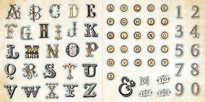 two sticker pages filled with antiqued letters and numbers