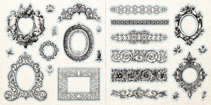 another set of sticker pages filled with black and white antiqued mirrors and lace