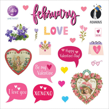 february page of stickers with hearts, message stickers, and flower stickers