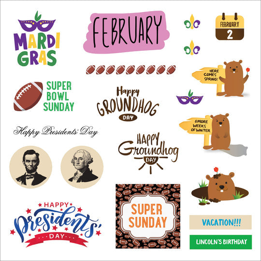 another february page of stickers with ground hogs day, presidents day, and mardi gras stickers