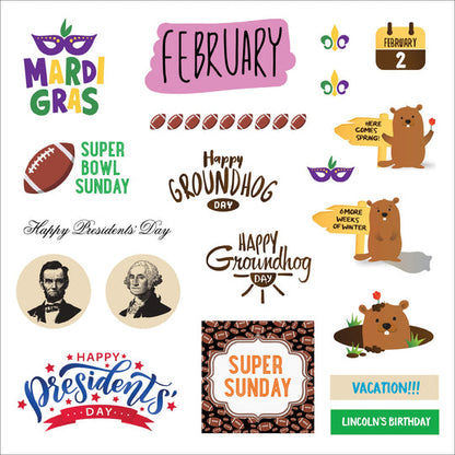 another february page of stickers with ground hogs day, presidents day, and mardi gras stickers