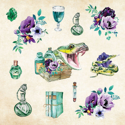 sticker page full of teal and purple flowers, perfume bottles, and books
