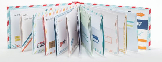 front view of pages of book fanned out showing each page is an envelope.