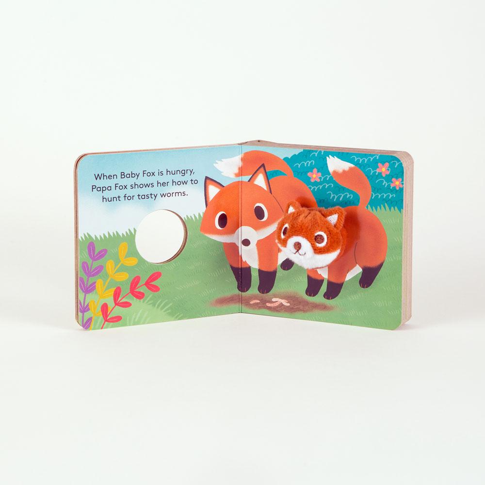 inside view with text and illustration of baby fox with momma fox in the forest