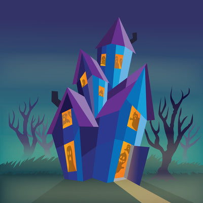 completed sticker page of a haunted house