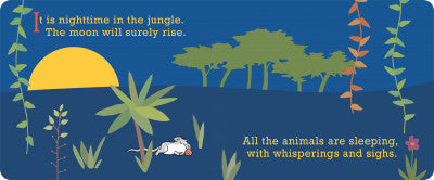 first set of pages has illustration of a mouse sleeping outside under the moon in the jungle