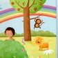 a fourth page with illustration of adam behind a bush with a monkey hanging in a tree, lion, and rainbow
