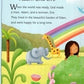 a third page with illustration of even behind a bush with an elephant and giraffe in the background and text