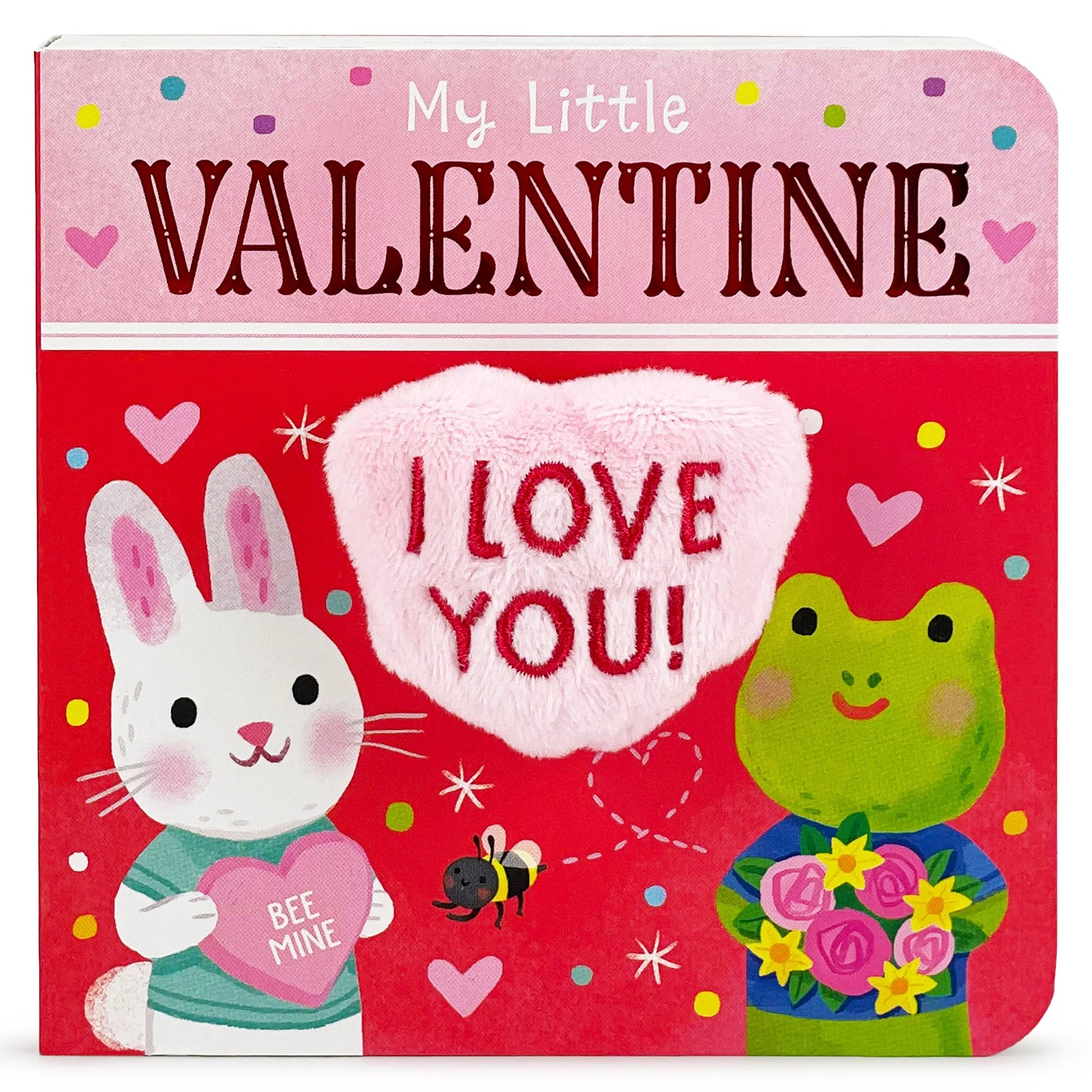 front cover of book is pink and red with a soft heart with text "i love you" next to a bunny and frog, and title