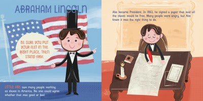 third set of pages have illustration of abraham lincoln standing in front of the flag, and the other is him sitting at a desk, along with text