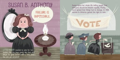 fourth set of pages have illustration of susan b anthony standing in front of a mirror next to a round table, and the other is her casting her vote with two other women, along with text