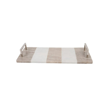 marble and iron tray with silver metal handles against a white background