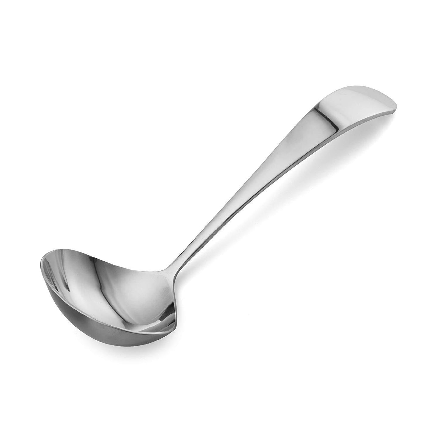 angled view of sauce ladle on a white background