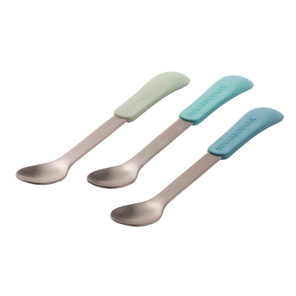3 stainless steel spoons with silicone handles that are solid green, light blue, or dark blue.