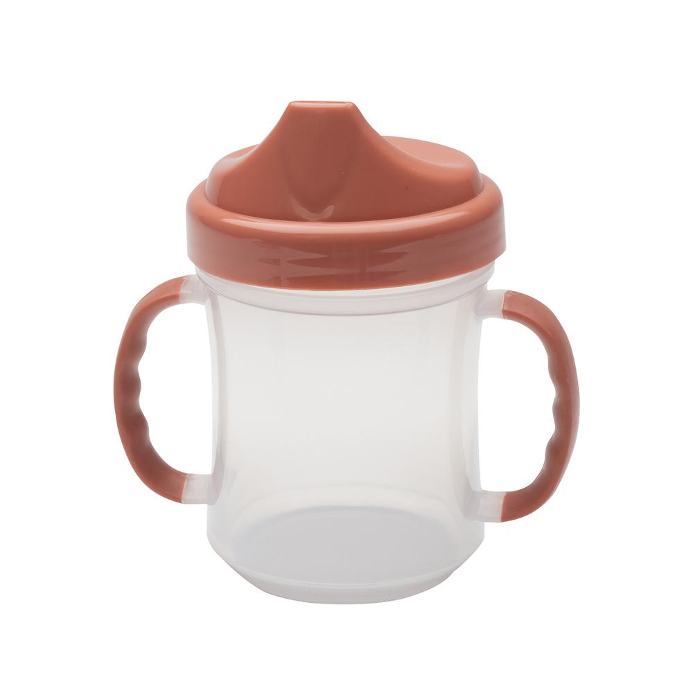 sippy cup with clear cup and rose colored handles and lid.