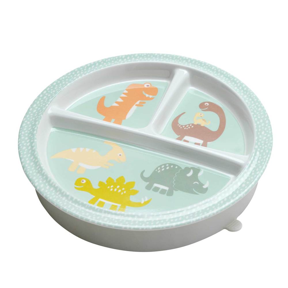 divided plate with light blue background and colorful dinosaurs on it.