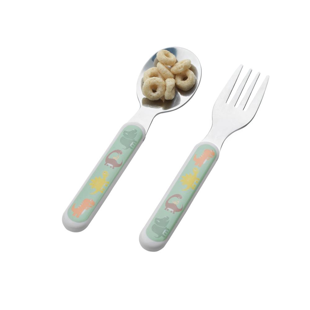 spoon with cheerios on it and fork, both handles have light blue background and colorful dinosaurs on it.