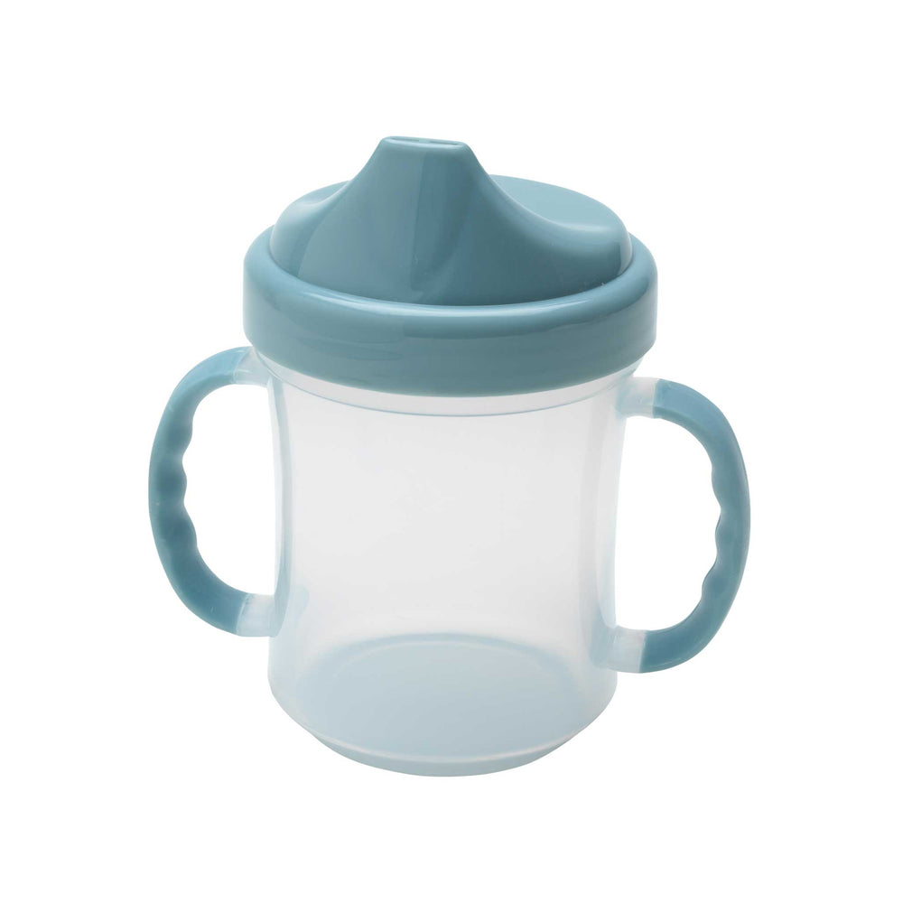 sippy cup with clear cup and blue handles and lid.