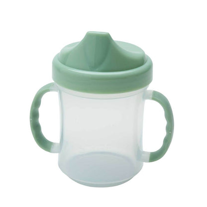 sippy cup with clear cup and green handles and lid.