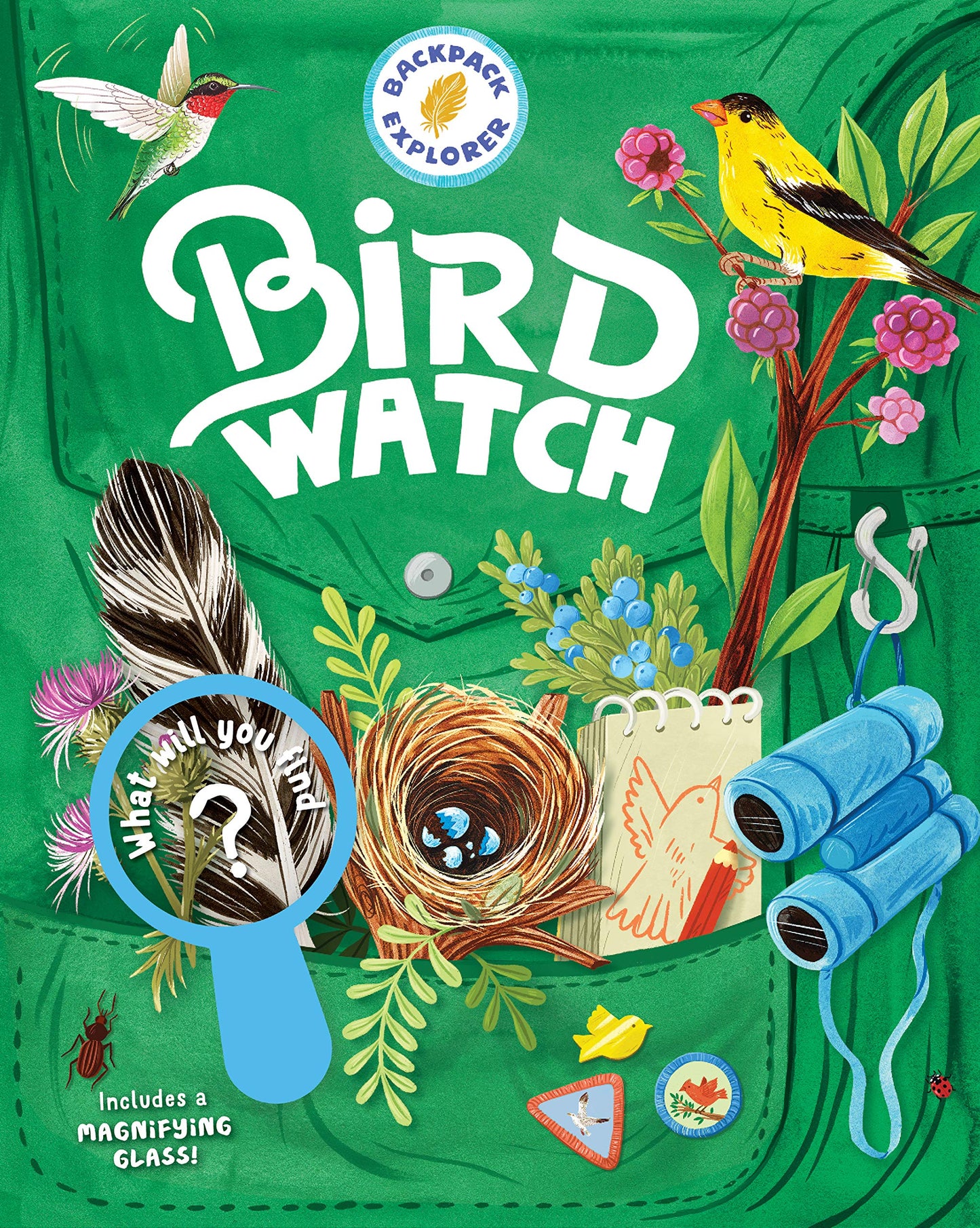front cover of book has illustration of a green backpack with binoculars, leaves, bird nest, feathers, and title in white