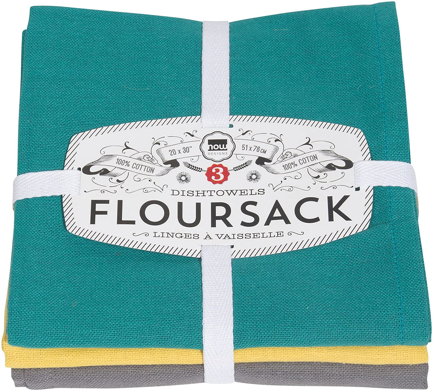 3 floursack towels folded and tied together with packaging.
