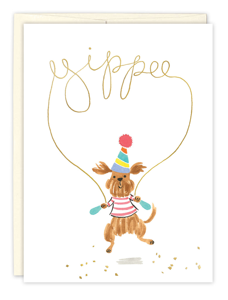 front cover of card is white with a dog jumping rope and text listed in the description with a natural envelope behind it on a white background