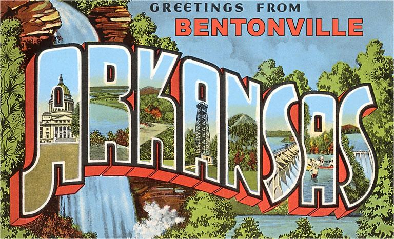 greetings from bentonville postcard on a white background
