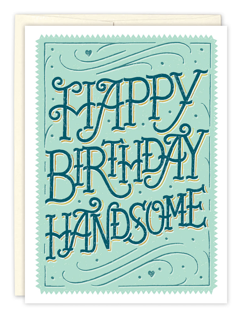 front of card is white with a large turquoise stamp that has large text in dark blue and gold with a white envelope on a white background